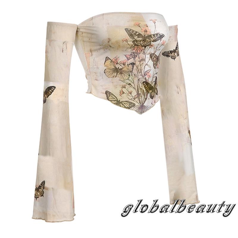 Áo Croptop Trễ Vai Tay Dài In Họa Tiết Hoa Và Bướm Thời Trang Mùa Thu Cho Nữ