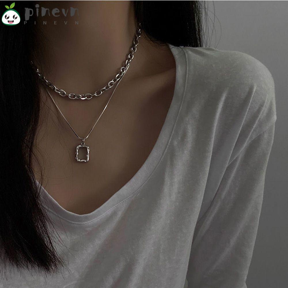 PINEVN Vòng cổ Nhiều Lớp Mặt Vuông Phong Cách Hip Hop Thời Trang Cho Nam Nữ