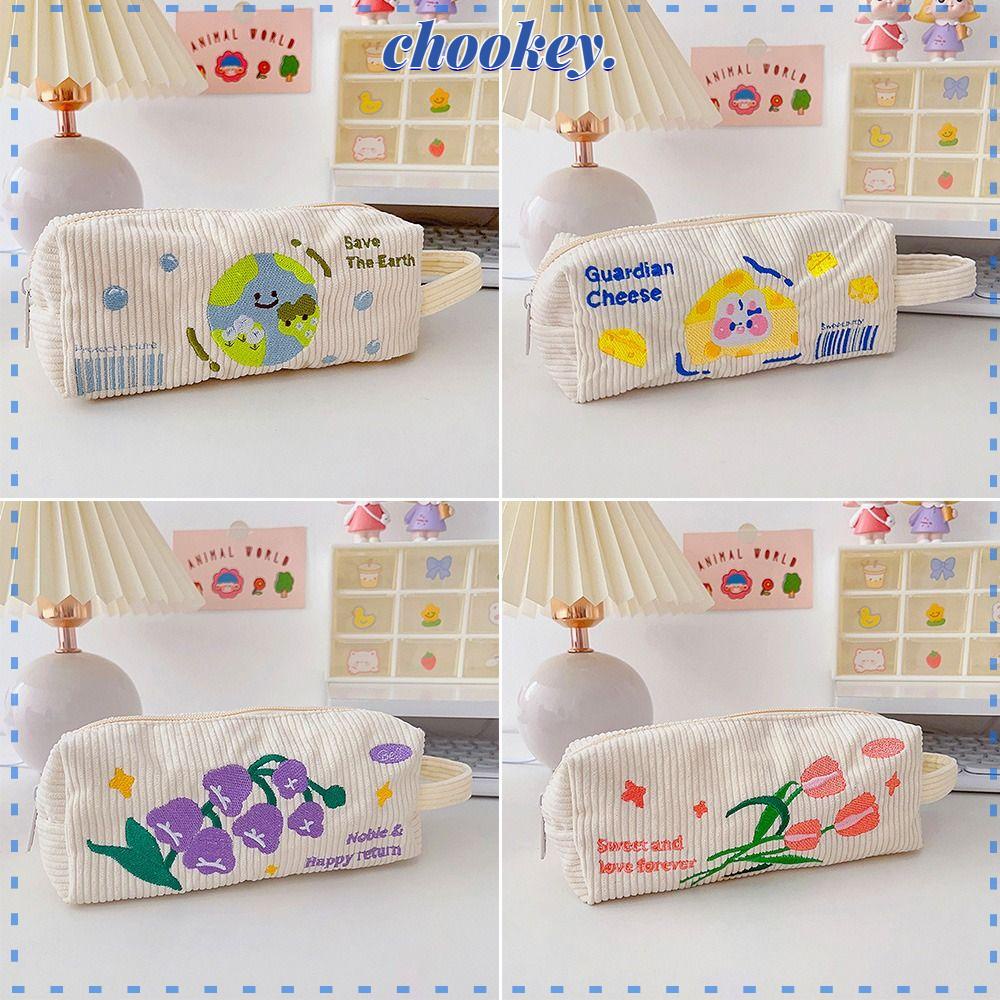 CHOOKEY Túi Đựng Bút Màu Trơn Có Khóa Kéo Thêu Họa Tiết Dễ Thương