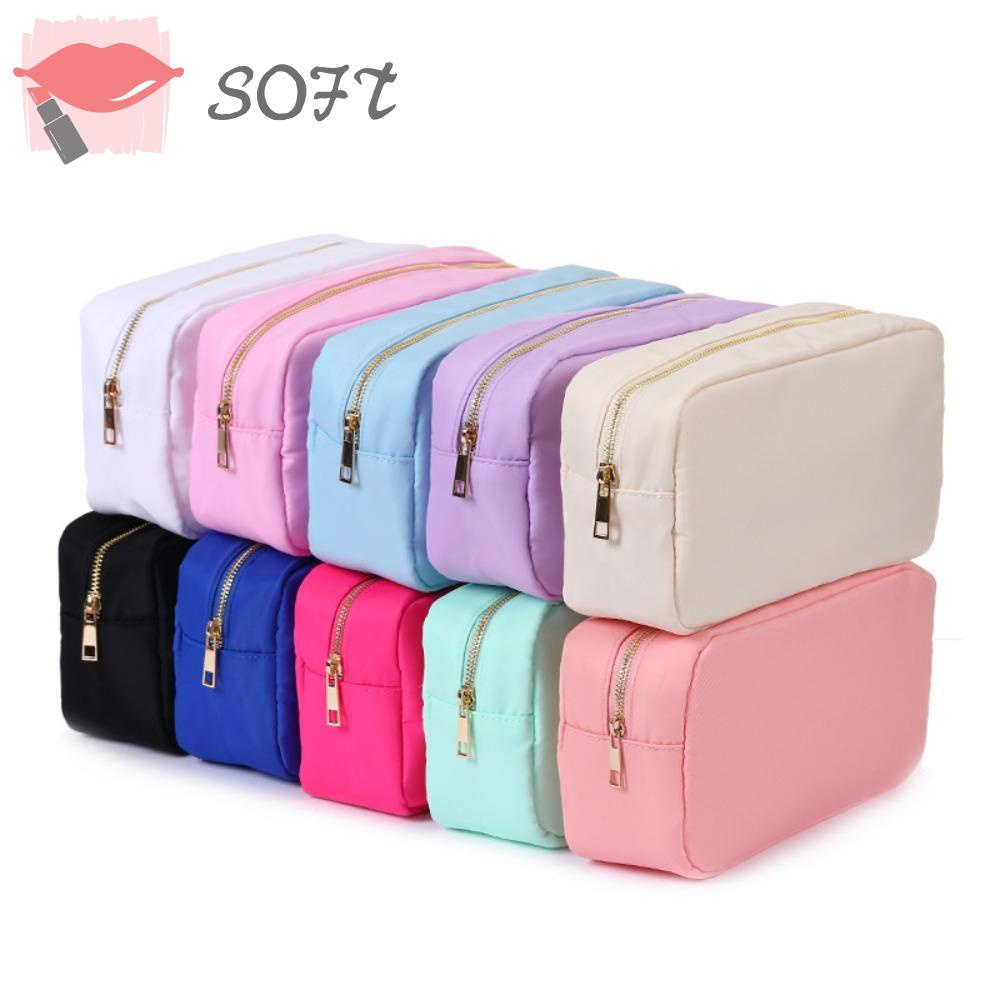 SOFTNESS Túi Đựng Mỹ Phẩm Trang Điểm Màu Hồng Phấn Sức Chứa Lớn Chống Nước Có Khóa Kéo Màu Vàng Thời Trang