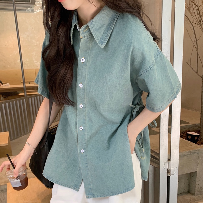 Áo Sơ Mi Denim Ngắn Tay Oversize Thời Trang Hàn Quốc Dành Cho Nữ