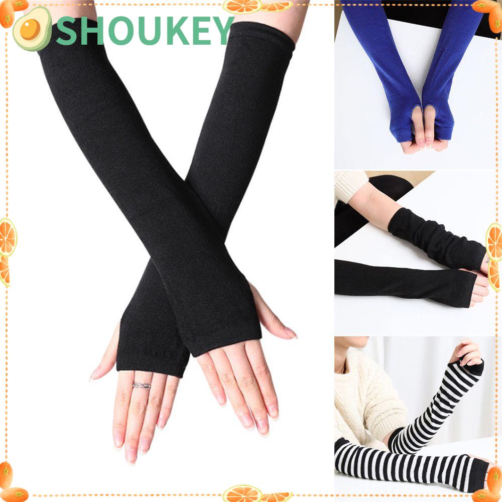 SHOUKEY Găng Tay Cotton Dài Hở Ngón Họa Tiết Kẻ Sọc