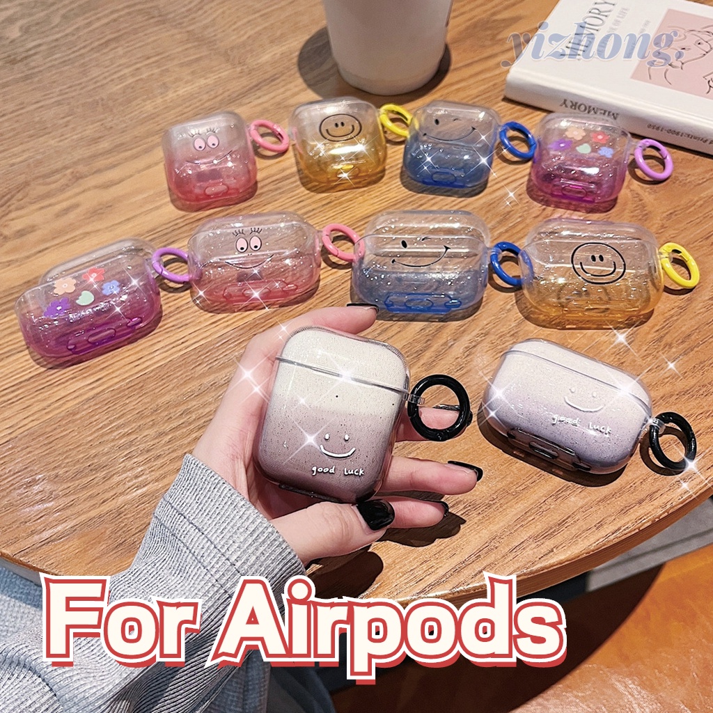 Vỏ Bảo Vệ Hộp Sạc Tai Nghe Airpods Pro 2 3 1 Bằng TPU Mềm Trong Suốt Họa Tiết Hoa Mặt Cười Màu Gradient Có Vòng Nhẫn Chống Thất Lạc