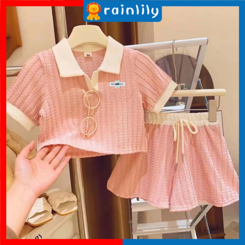 Set Áo Thun Tay Ngắn Cổ Polo Phối Quần Short Thời Trang Mùa Hè 2023 Phong Cách Mới Cho Bé Gái
