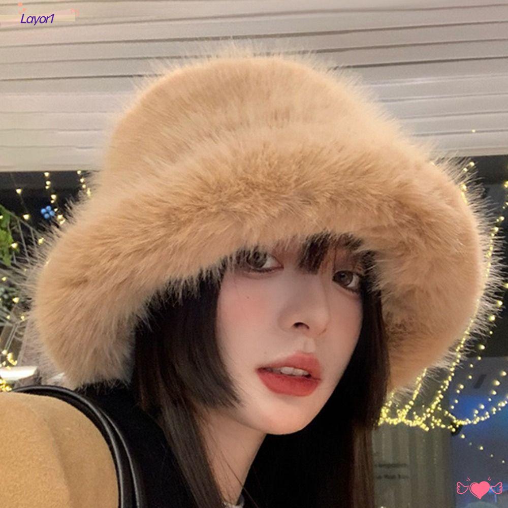 LAYOR1 Mũ Bucket Lông Thỏ Giả Kiểu Dáng Sang Trọng Xinh Xắn