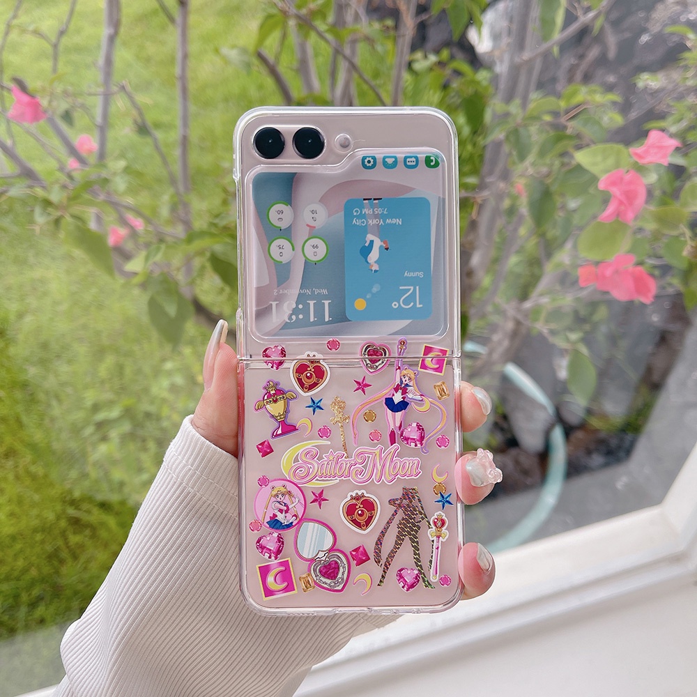 Phim hoạt hình dễ thương màu hồng love chain case điện thoại cho samsung galaxy z flip 5 z flip5 ốp lưng pc cứng cho zflip5 case shell