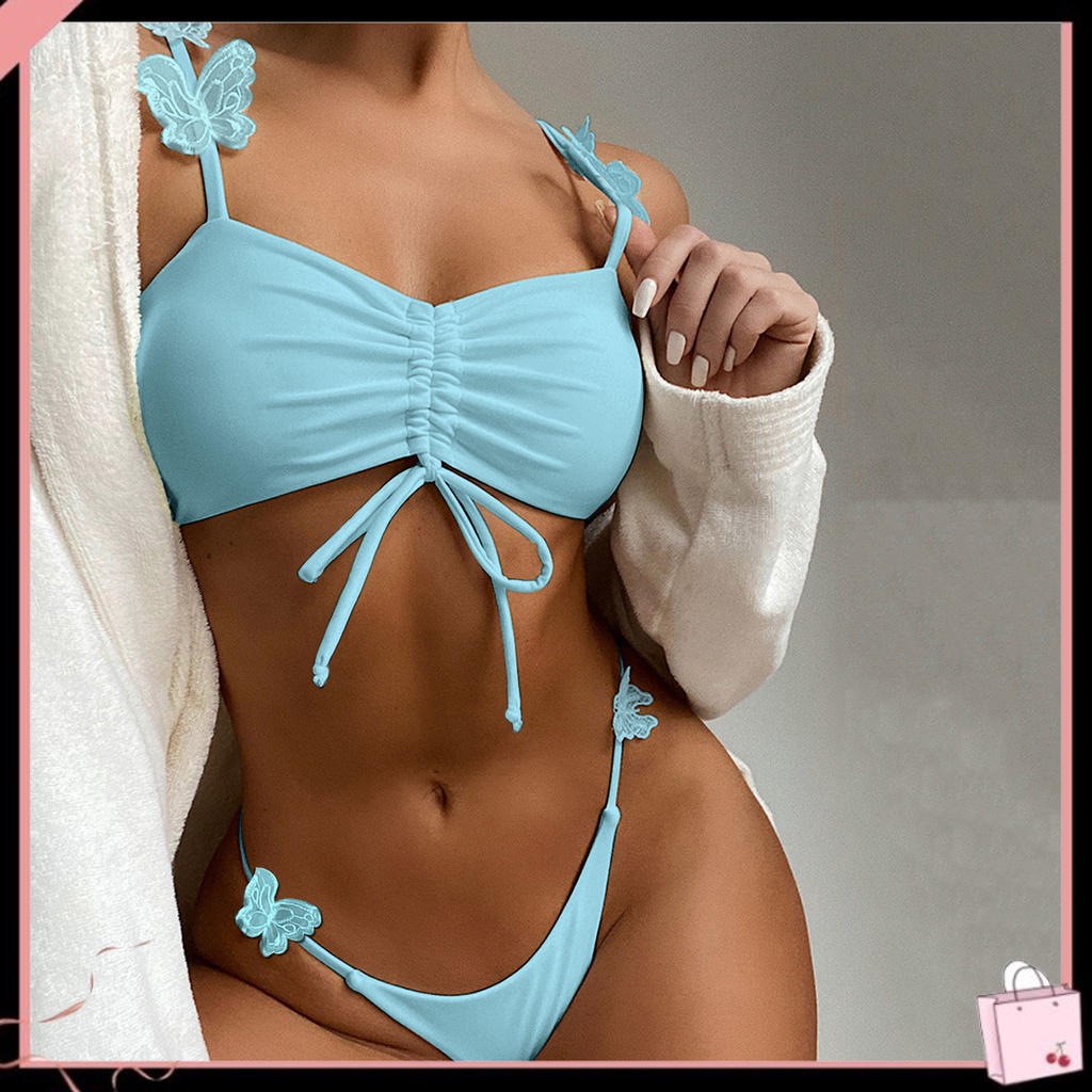 {Soltweter} Bộ Đồ Bơi Bikini Lưng Cao Thêu Hình Bướm Màu Trơn Trang Trí Dành Cho Nữ Đi Biển