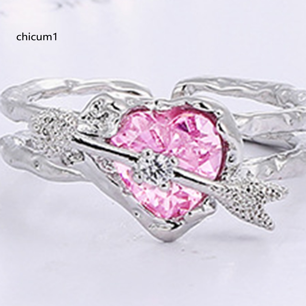Nhẫn Đeo Tay CC Hai Lớp Bắt Mắt Thiết Kế Dạng Hở Màu Hồng Đính Pha Lê Nhân Tạo Hình Mũi Tên Xuyên Qua Trái Tim Thời Trang Có Thể Điều
