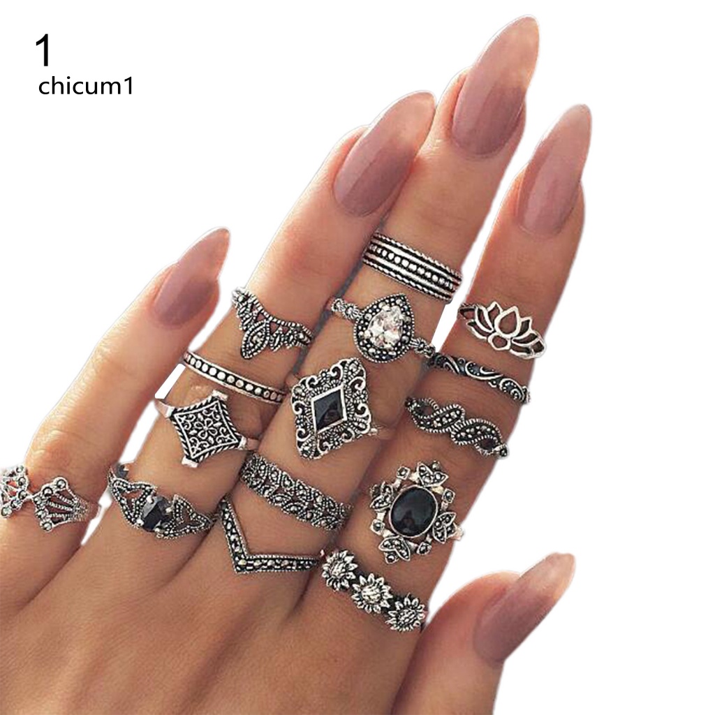 Set 11 / 13 / 15 Nhẫn Đeo Khớp Ngón Tay Màu Đen Phong Cách Bohemia