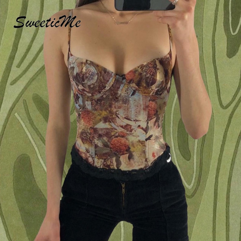 Áo Hai Dây Cổ Chữ V Phối Ren Dáng Ôm In Họa Tiết Thời Trang 2023 Cho Bạn Gái