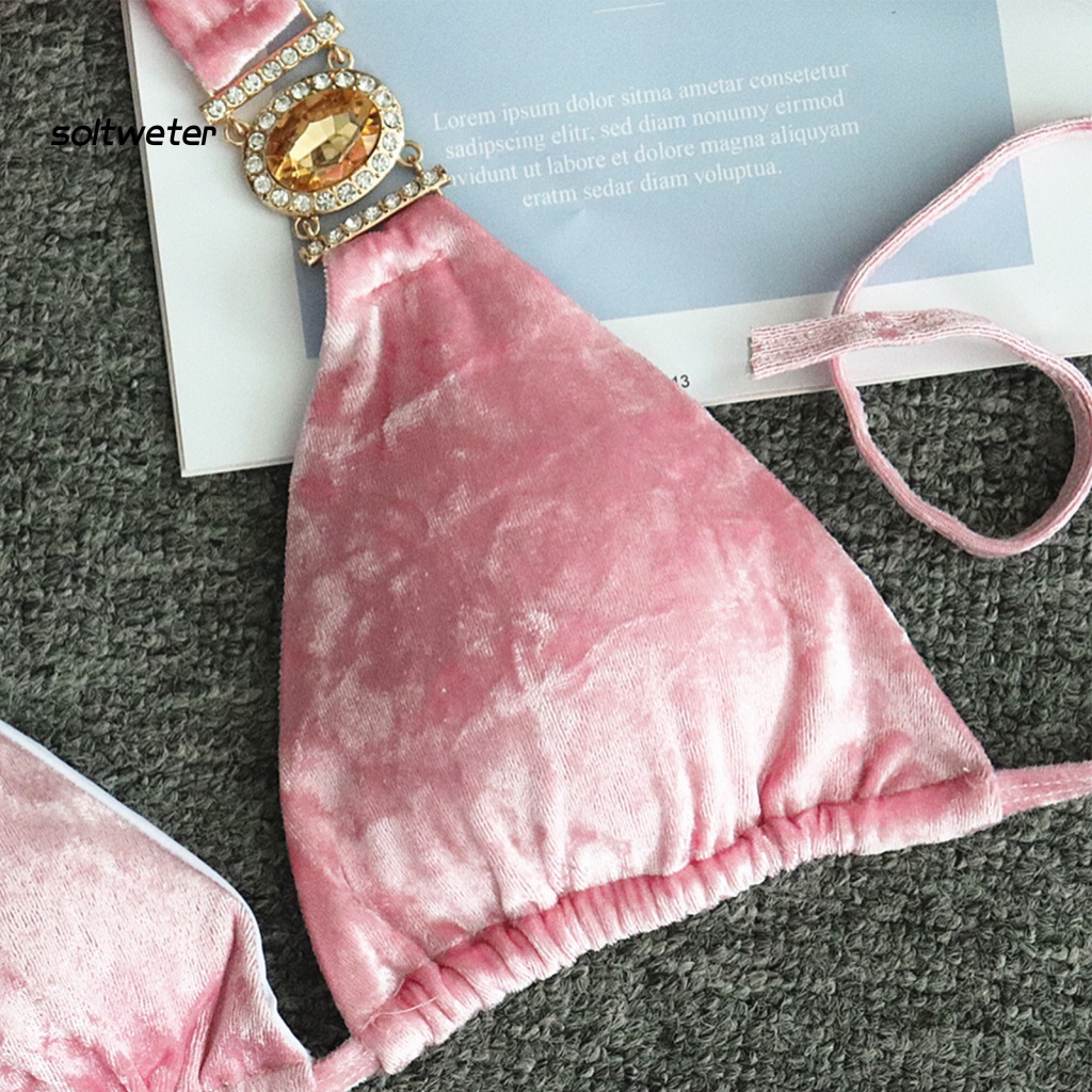 St Bộ Đồ Bơi Tam Giác Lưng Thấp Đính Đá Khóa Kim Loại Trang Trí Gợi Cảm Cho Nữ