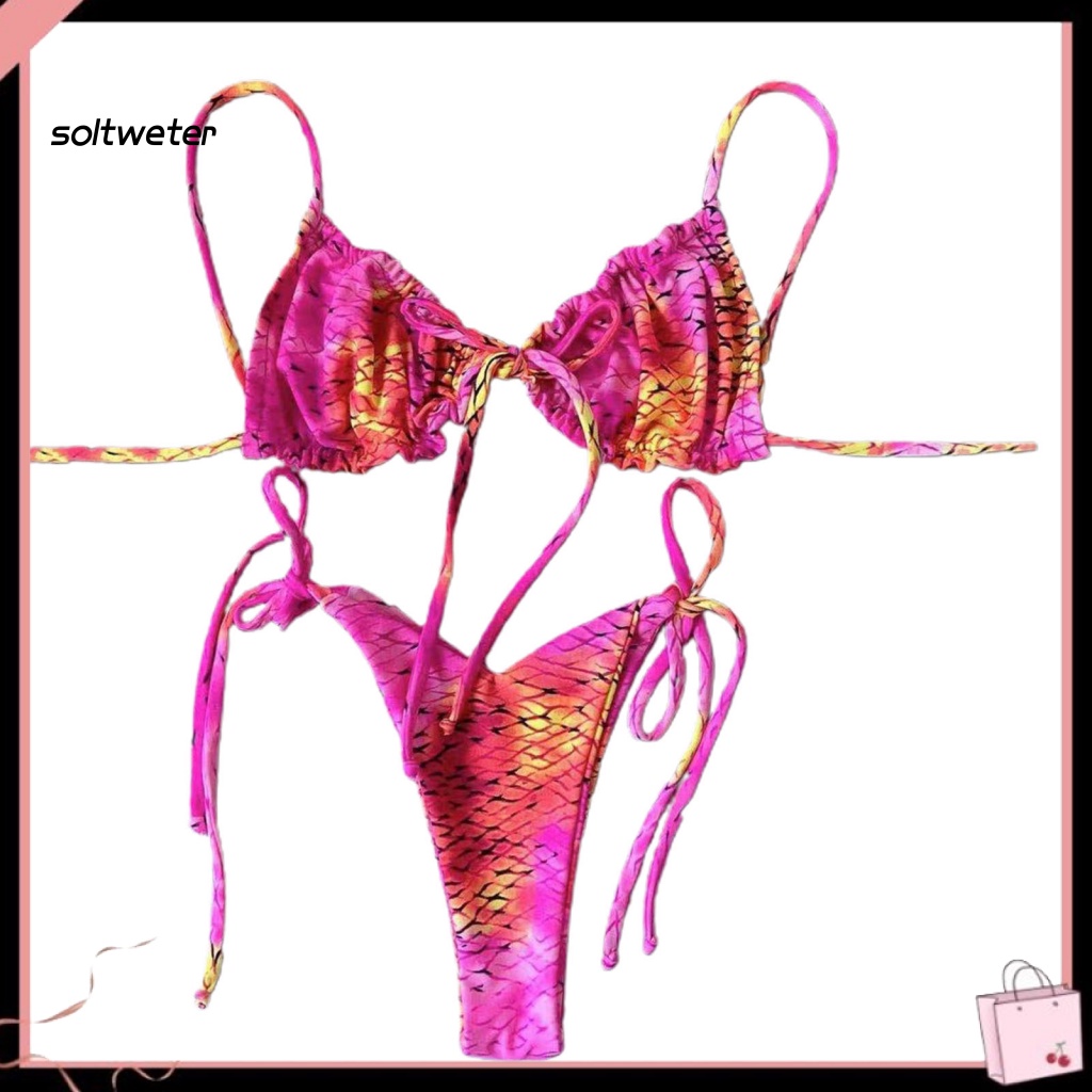 Bộ Đồ Bơi Bikini Hai Dây Buộc Nơ Eo Thấp In Họa Tiết Quyến Rũ Cho Nữ