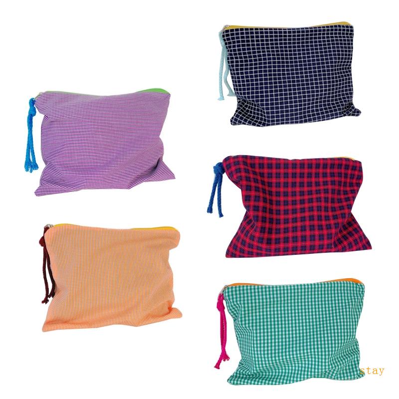 Túi Đựng Mỹ Phẩm Đa Năng Bằng Vải Cotton Họa Tiết Kẻ Sọc Có Khóa Kéo Thời Trang Cho Nữ