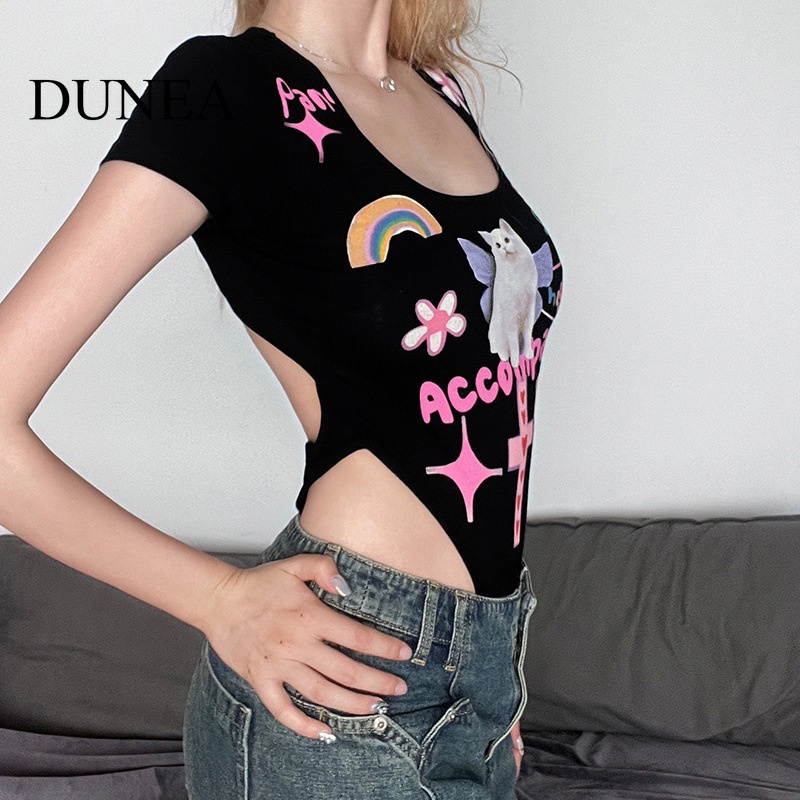 Dunea Bộ Áo Liền Quần Tay Ngắn Dáng Ôm In Họa Tiết Hoa Màu Sắc Tương Phản Thời Trang Cho Nữ