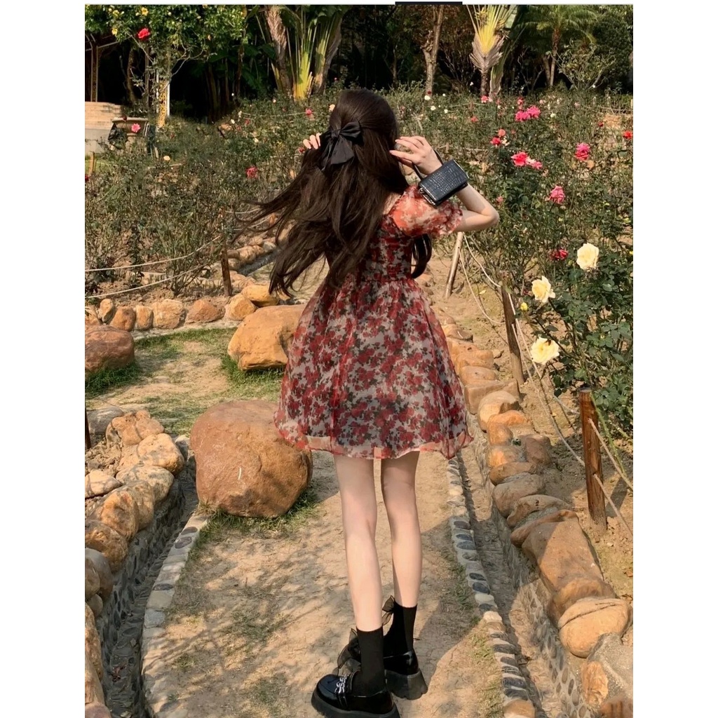 Đầm Ngắn Dáng Ôm In Hoa Màu Đỏ Phong Cách Pháp Cổ Điển Thời Trang Mùa Hè 2022 Mới Dành Cho Bạn Nữ 8LWB