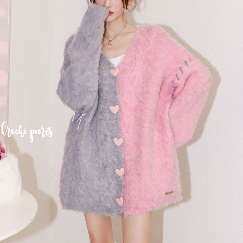 Áo Khoác Cardigan Dệt Kim Dáng Rộng Cài Khuy Hình Trái Tim Màu Sắc Xinh Xắn Cho Nữ