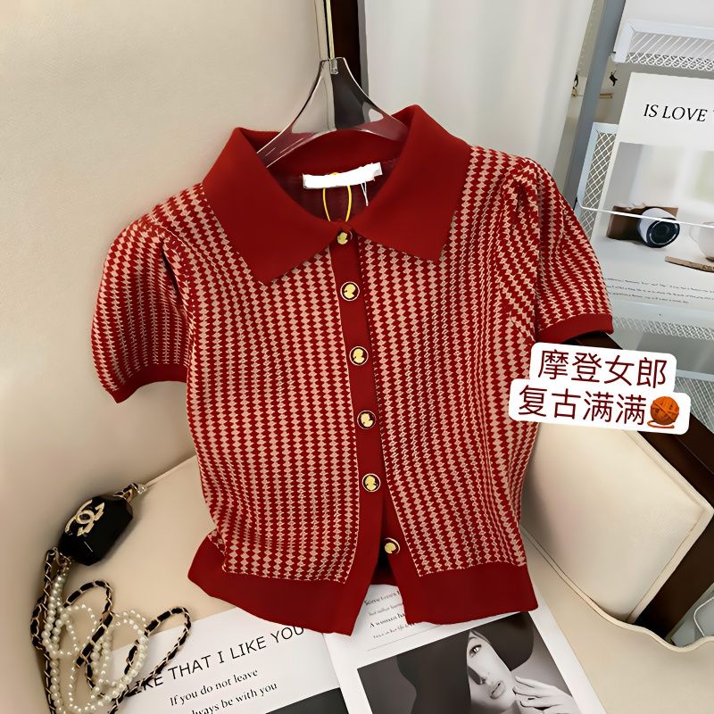 Áo Thun Polo Dệt Kim Mỏng Tay Ngắn Kẻ Sọc Thời Trang Mùa Hè Cho Nữ
