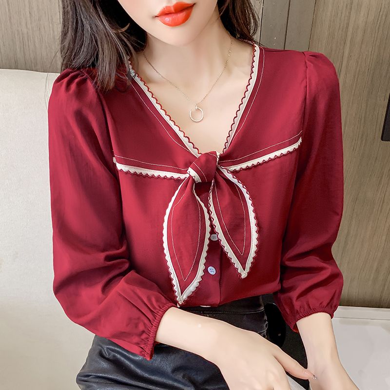 Áo Sơ Mi Tay Dài Cổ Chữ V Thắt Nơ Phong Cách Pháp Thời Trang Xuân Thu Mới 2023 Dành Cho Bạn Nữ