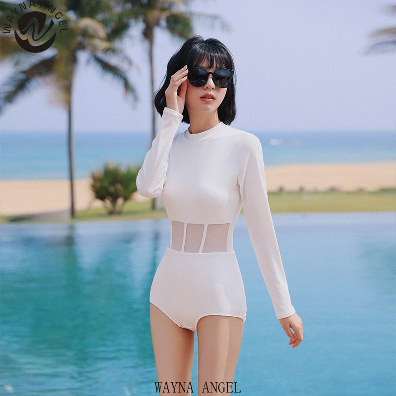 (wayna Angel) phụ nữ bảo thủ ren cổ điển thể thao áo tắm dài tay một mảnh màu trắng