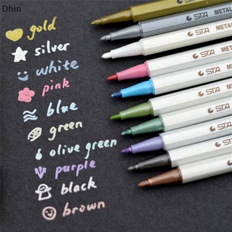 [Dhin] 10Pcs Color Metallic Fine Pen Pencil Marker DIY Album Dauber Pen Set Waterproof COD