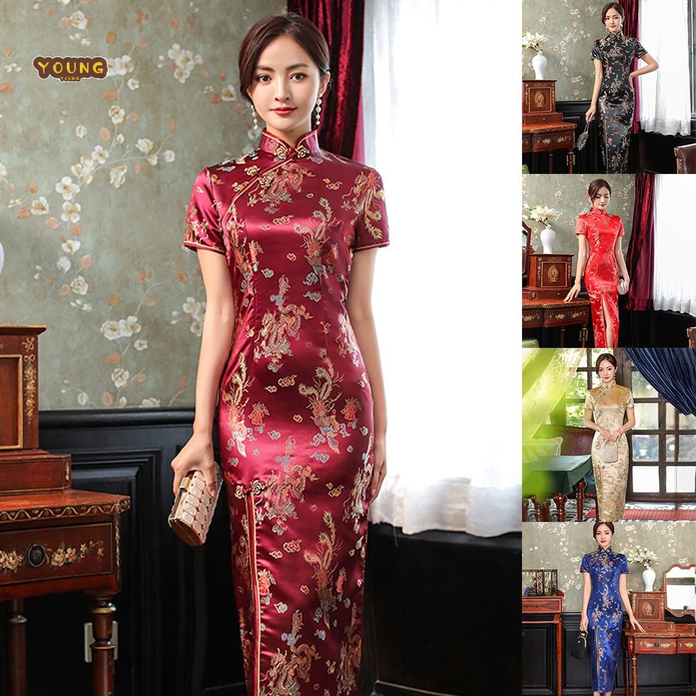 Sườn Xám Qipao tws rn ws bs ab Bằng Satin Sang Trọng Hình Rồng Phượng Hoàng Trung Hoa Mới Cho Nữ
