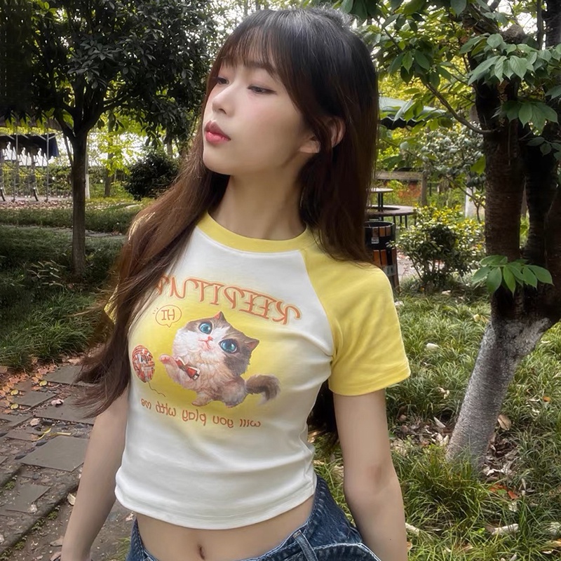 Áo Thun Cotton Croptop Cổ Tròn Thời Trang Mùa Hè Cho Nữ