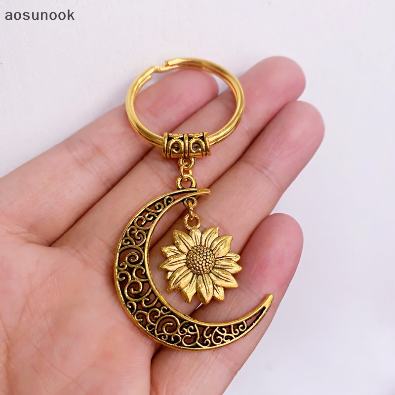 Aosunook Móc Chìa Khóa Mặt Hình Mặt Trăng / Hoa Hướng Dương Màu Vàng Kim Vintage Làm Quà Tặng