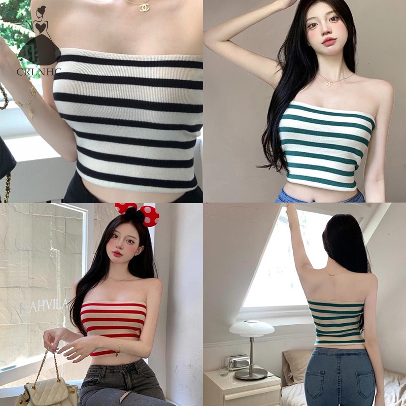 Áo Croptop Dệt Kim Hai Dây Dáng Ôm Họa Tiết Kẻ Sọc Thời Trang Mùa Hè Quyến Rũ Cho Nữ