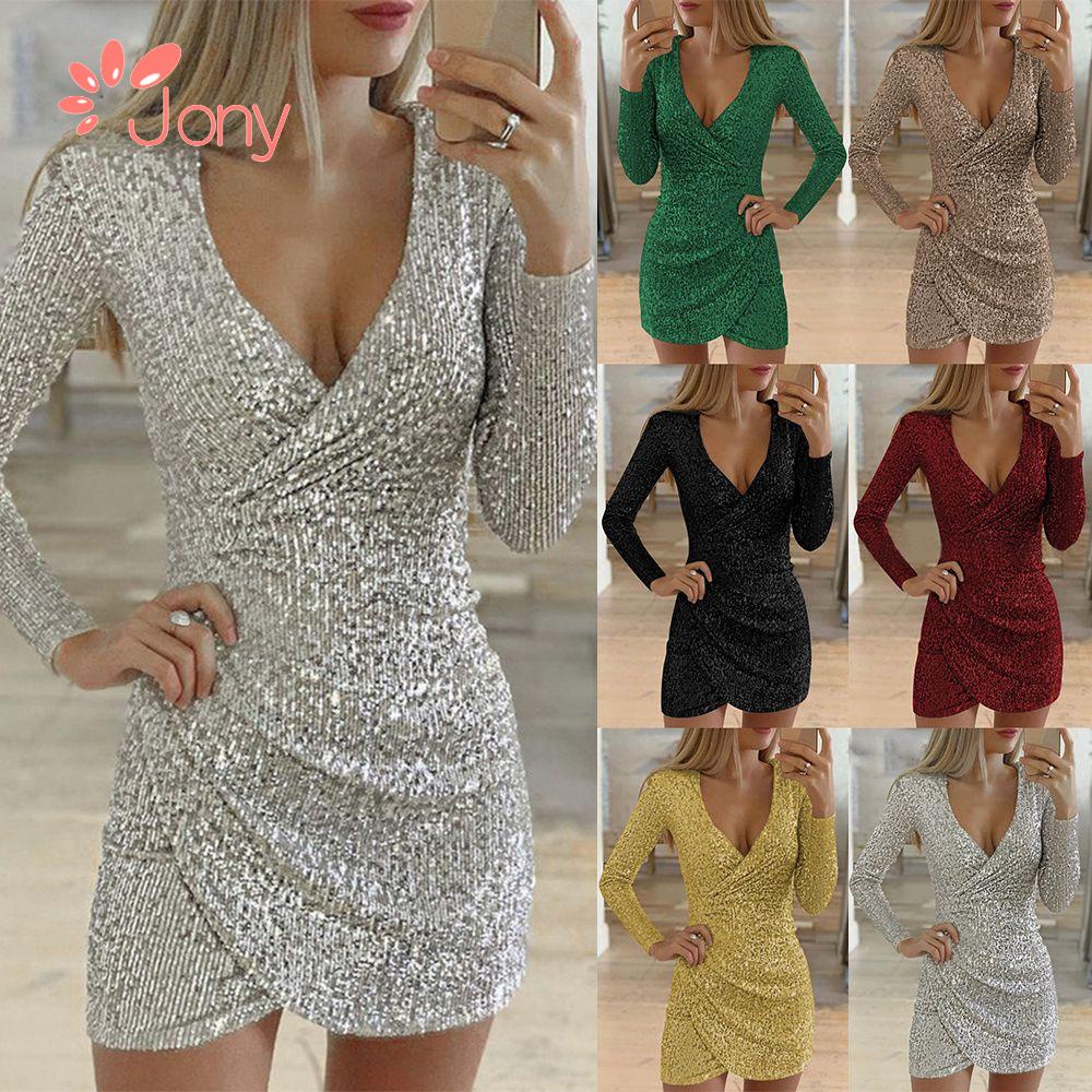 JY1 Đầm Dạ Hội Tay Dài Cổ Chữ V Đính Kim Sa Lấp Lánh