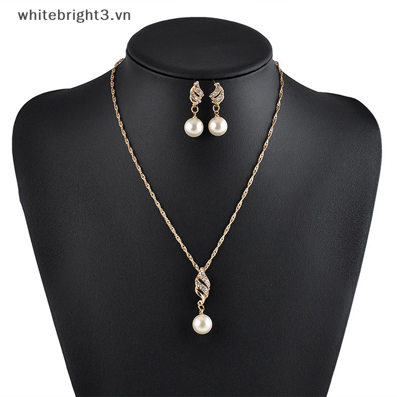 Set 3 Món Vòng cổ + Bông Tai Đính Ngọc Trai Nhân Tạo + Kim Cương Giả &amp; Kim Cương Giả Cho Nữ