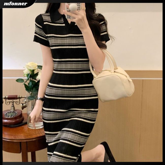 Đầm Dệt Kim Tay Ngắn Dáng Dài Họa Tiết Kẻ Sọc Thời Trang Mùa Hè Xinh Xắn Cho Nữ