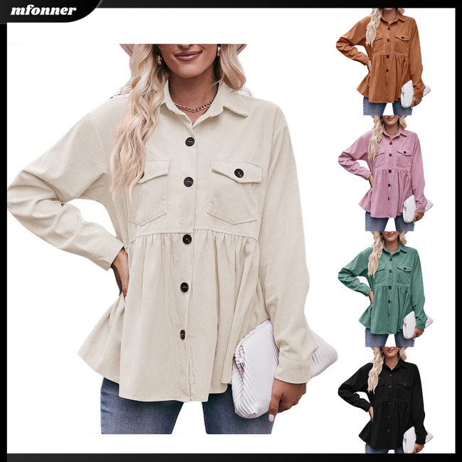 Áo Khoác Nhung Kẻ Tay Dài Màu Trơn Cài Nút Có Túi Dành Cho Nữ