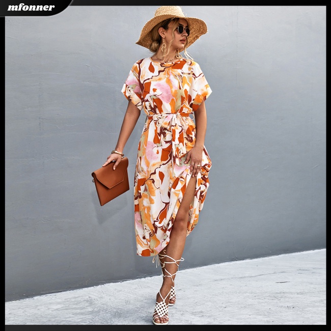 Đầm Dài Tay Ngắn Cổ Tròn Thắt Nơ Sau Lưng Họa Tiết Hoa Phong Cách Boho Cho Nữ