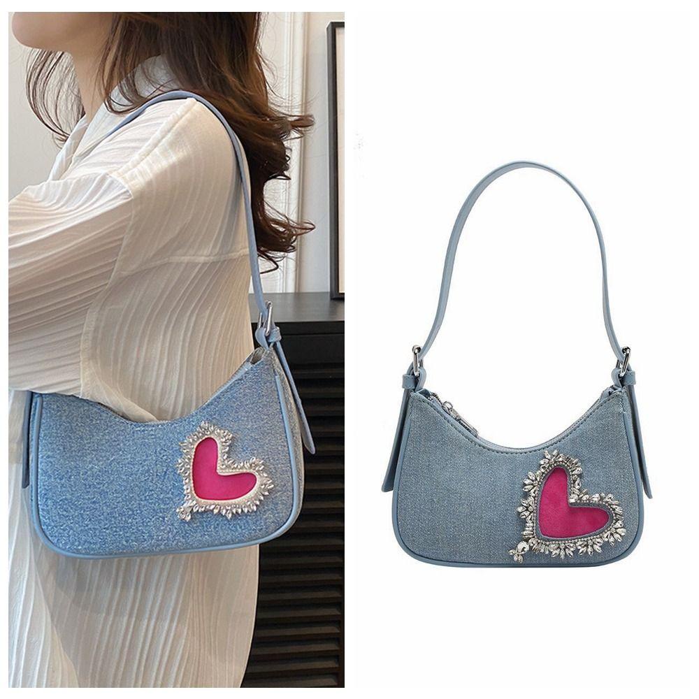 Túi Đeo Chéo Vai Bằng Vải Denim Lấp Lánh Phối Khóa Kéo Thời Trang