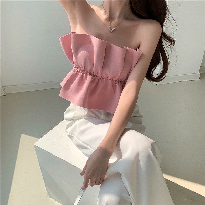 Áo Ống Dáng Ngắn Viền Lá Sen Màu Trơn Thiết Kế Phong Cách Mới Cho Nữ