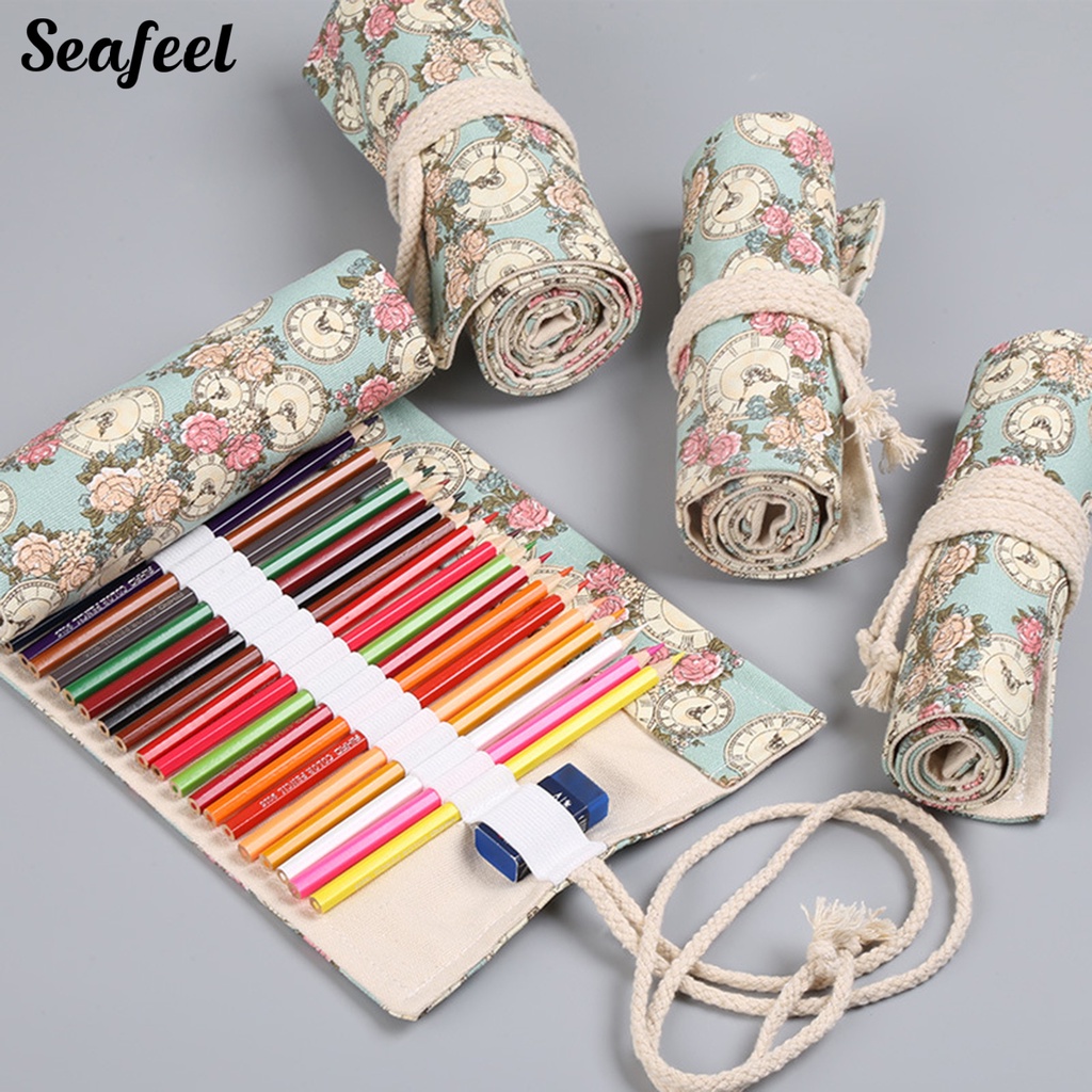 Túi Cuộn Đựng Bút Bằng Vải Canvas 12 / 24 / 36 / 48 / 72 In Hình Hoa Hồng