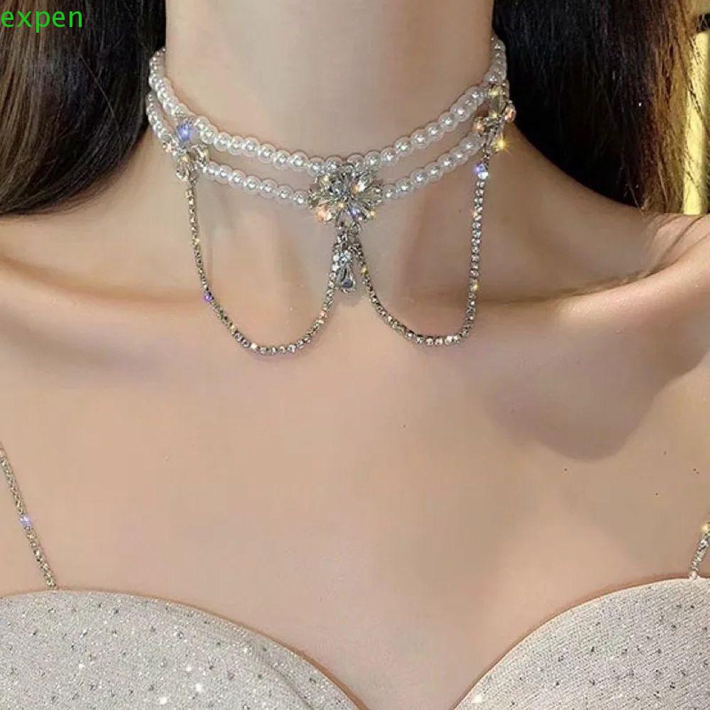 EXPEN Vòng cổ Nhiều Lớp Đính Đá Phong Cách Hàn Quốc Cho Nữ