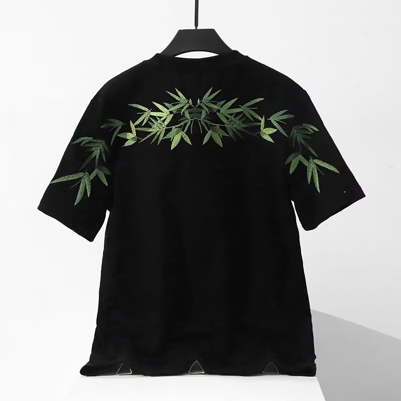 Áo Thun Tay Ngắn Dáng Rộng Thêu Hình Lá Tre Thời Trang Cá Tính Cho Nam