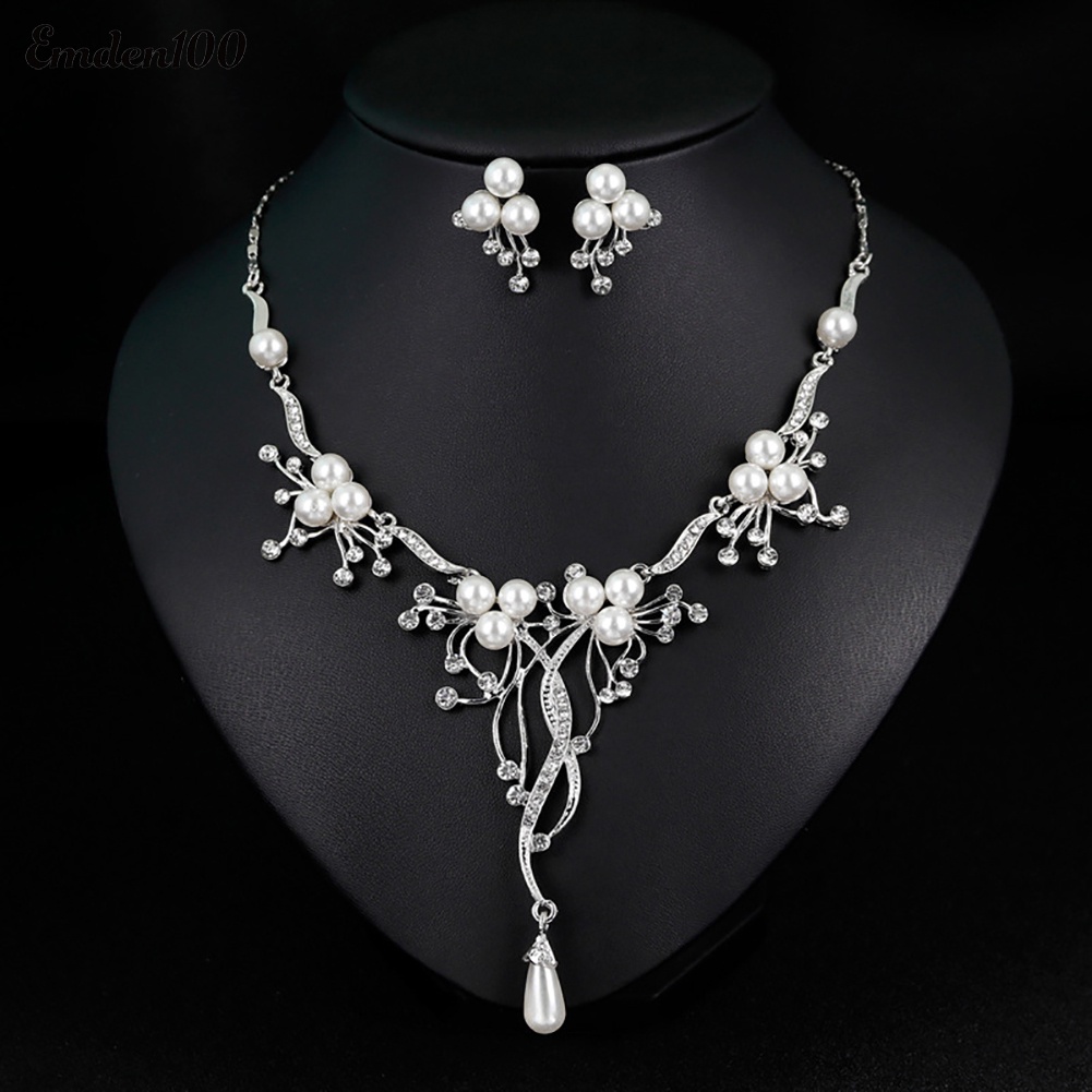 Bộ Vòng cổ + Bông Tai Đính Đá &amp; Ngọc Trai Nhân Tạo Hình Hoa Cho Nữ