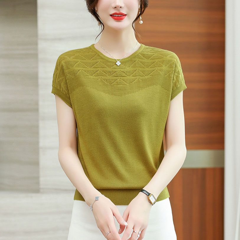 Áo Thun Dệt Kim Tay Ngắn Dáng Rộng Màu Trơn Thời Trang Mùa Hè Cho Nữ Size M-5XL