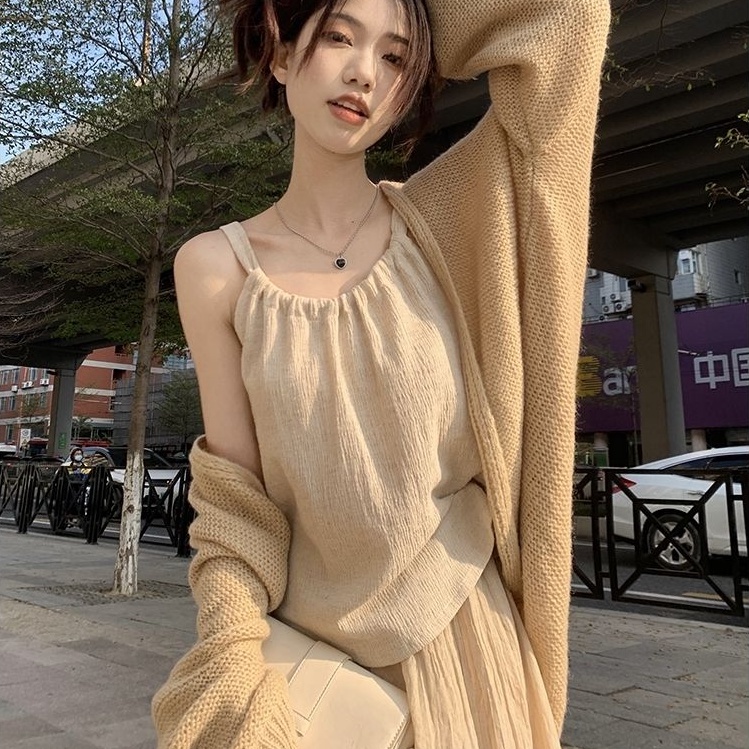 Set Áo Khoác Cardigan Dệt Kim + Áo Tank Top Hai Dây + Chân Váy Lửng Thời Trang Nữ