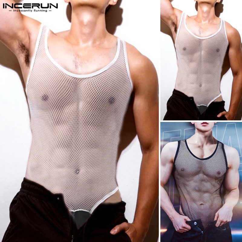 INCERUN Bộ Áo Liền Quần Sát Nách Phối Lưới Thời Trang Quyến Rũ Cho Nam