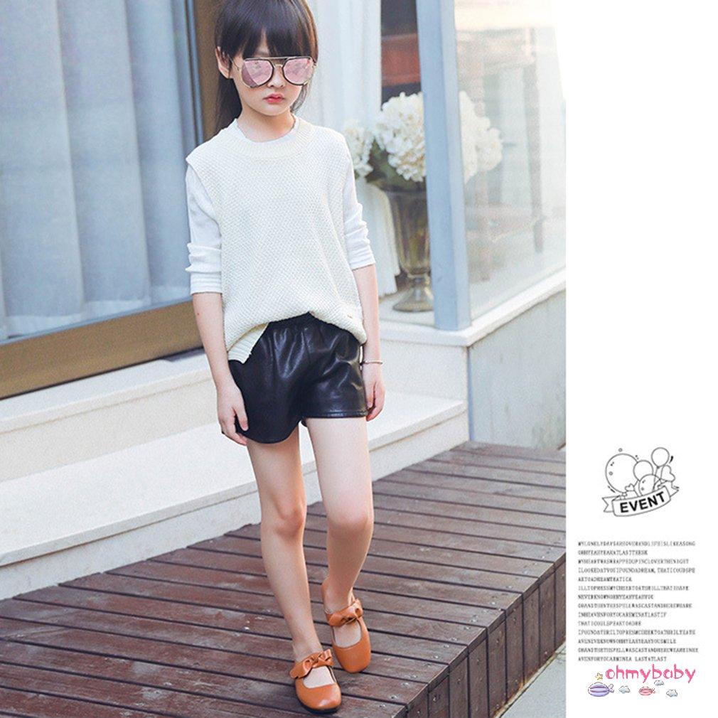 Solid Color Children PU Leather Shoes with Removable Bowknot Decor for Girls