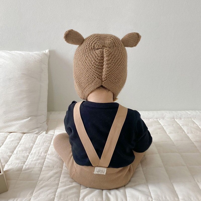 Mũ Beanie Dệt Kim Màu Trơn Đính Tai Thỏ Hoạt Hình Giữ Ấm Mùa Thu Đông Cho Bé Sơ Sinh