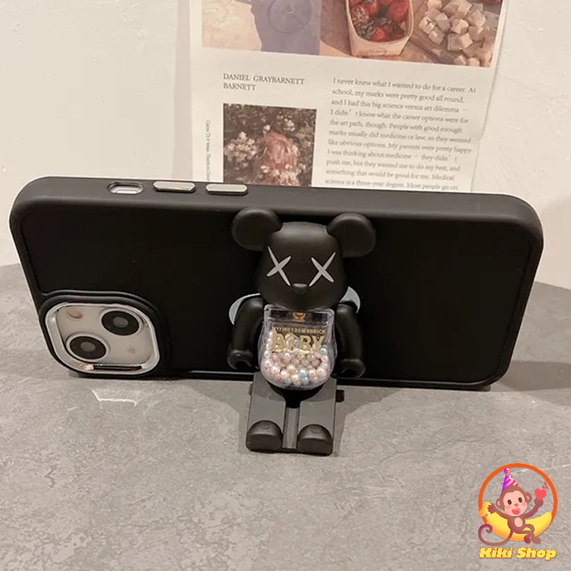 Ốp Điện Thoại Mềm Chống Sốc Màu Trơn Có Giá Đỡ Hình Gấu Kaws Cho IPhone 11 14 Pro Max 13pro 12Promax