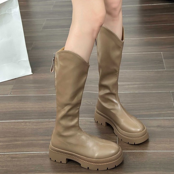 Giày Bốt Da PU Gót Vuông Mũi Tròn Thoáng Khí Thiết Kế Đơn Giản Hợp Thời Trang