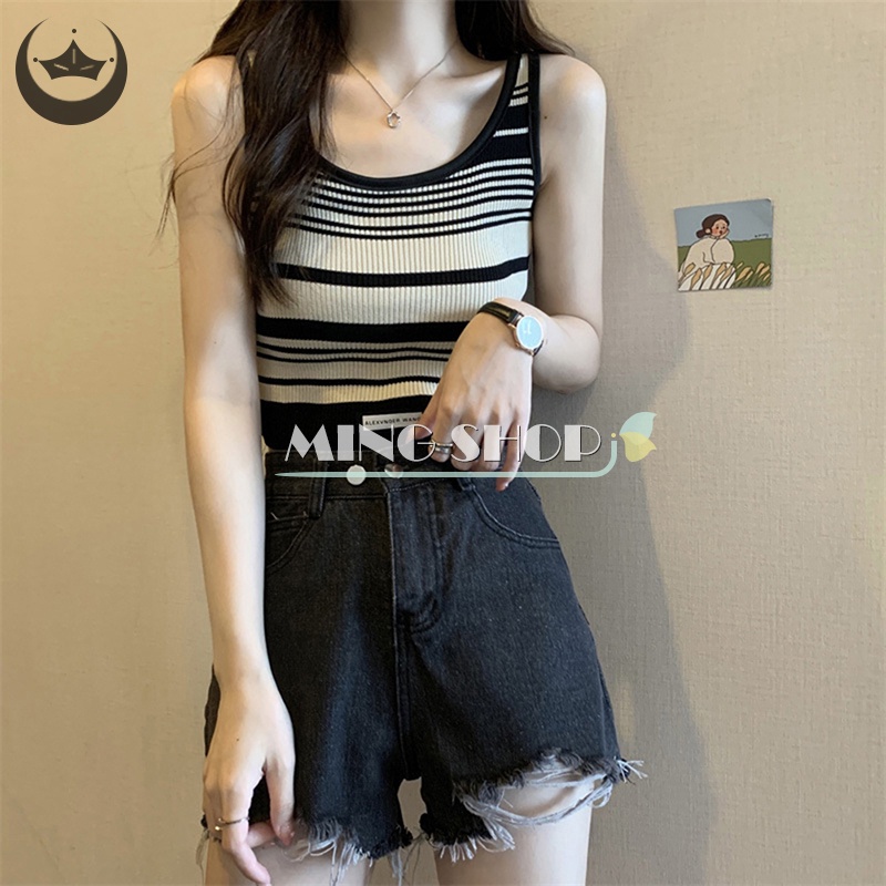 Áo Croptop Dệt Kim Hai Dây Họa Tiết Kẻ Sọc Vintage Thời Trang Mùa Hè Cho Nữ
