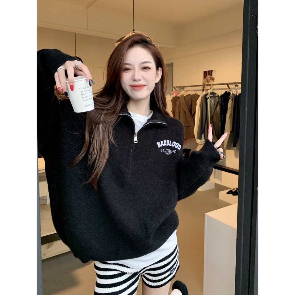 Áo Sweater Dáng Rộng Dày Dặn Phối Khóa Kéo Phong Cách Retro Mỹ Cho Nữ