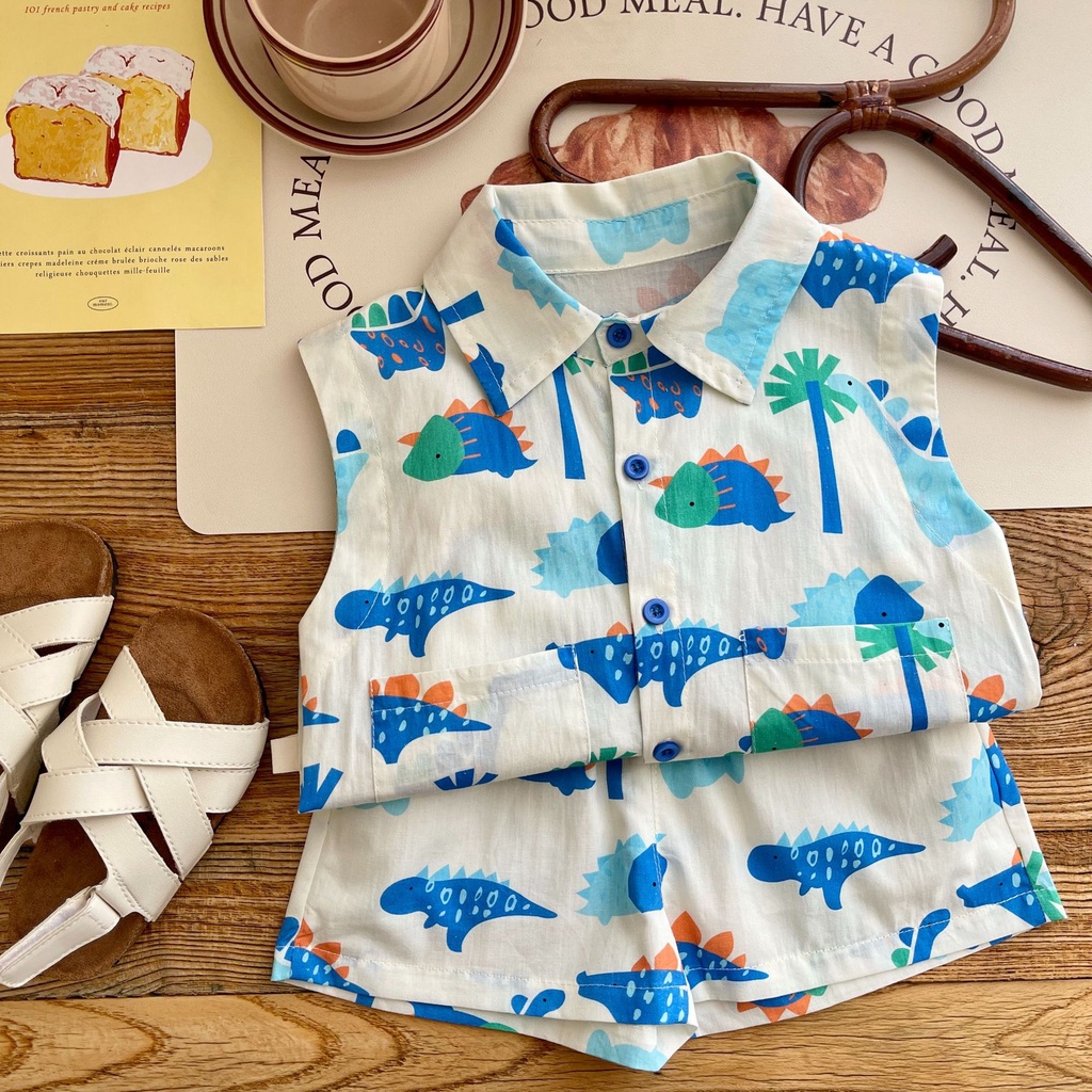 Bộ Áo Thun Sát Nách In Hoạt Hình Khủng Long Phối Quần Short Kiểu Hàn Quốc Thời Trang Mùa Hè Cho Bé Trai Từ 0-6 Tuổi