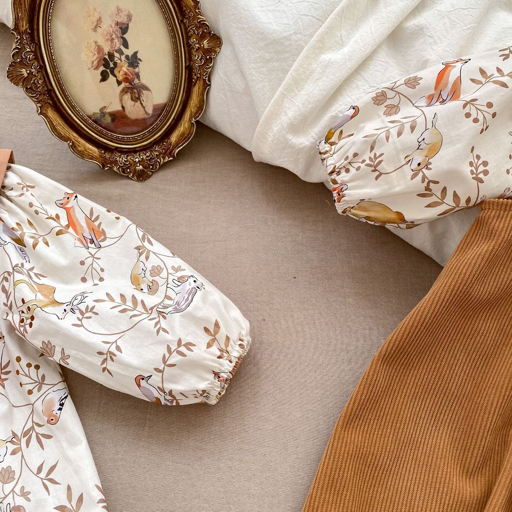 Áo Liền Quần Dài Tay In Hình Động Vật Dễ Thương Cho Bé Trai Bé Gái